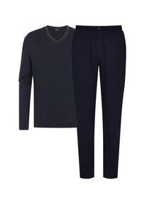 Marineblauwe lange mouwen V-hals shirt met grijze bies, gecombineerd met bijpassende elastische taillebroek, beide gemaakt van zachte stof met een gladde textuur.