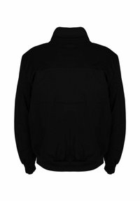 Czarna polarowa kurtka z wysokim kołnierzem, elastycznymi mankietami i pasem. Posiada gładką fakturę oraz prosty, minimalistyczny design.
