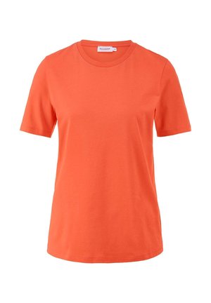T-Shirt mit kurzen Ärmeln aus leuchtend orangefarbenem Baumwollstoff. Rundhalsausschnitt, normale Passform, glatte Textur und keine sichtbaren Muster oder Akzente.
