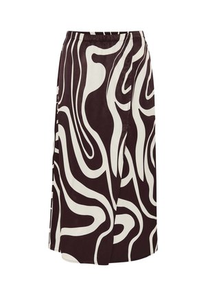 Jupe midi à motifs marron et blanc avec une texture lisse, présentant un design fluide et une taille élastique pour le confort.