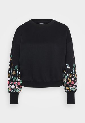 Fekete pulóver virágmintás hímzéssel, mely pink, kék és zöld színekben pompázik az ujjakon. Kerek nyakkivágással és bordás mandzsettával rendelkezik.