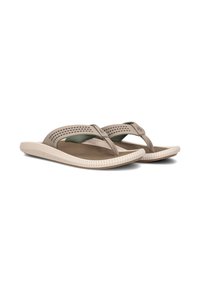 Beige teenslippers met geperforeerde bovenband, een zachte textuur in de zool en een geribbelde buitenzool voor verbeterde grip en comfort.