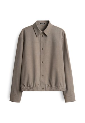 Grijze colbert met een knoopsluiting aan de voorkant, elastische zoom en textuurstof. Inclusief twee borstzakken en lange mouwen.