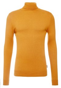 Jersey de cuello alto amarillo hecho de tela suave, diseño ajustado, mangas largas, puños y dobladillo acanalados, con un cuello sin costuras.