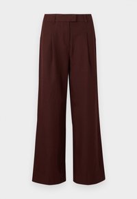 Παντελόνια με φαρδιά μπατζάκια και ψηλή μέση σε σκούρο καφέ χρώμα, με θηλιές για ζώ νη και πιέτες μπροστά, εμφανιζόμενα σε λευκό, απλό φόντο.