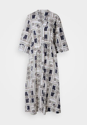 Long, belted dress made of lightweight fabric, featuring a geometric floral pattern in navy, white, and gold accents. Three-quarter sleeves.