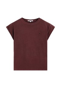 Camiseta de algodón color marrón con mangas cortas enrolladas y cuello redondo. Presenta un pequeño logo en el pecho. Textura suave, ajuste relajado.