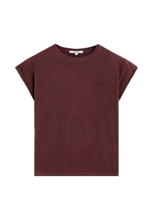 Camiseta de algodón color marrón con mangas cortas enrolladas y cuello redondo. Presenta un pequeño logo en el pecho. Textura suave, ajuste relajado.