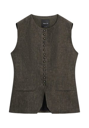 Gilet senza maniche di colore grigio scuro con scollo rotondo, chiusura frontale con bottoni e due tasche orizzontali frontali.