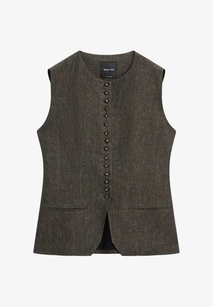 Gilet senza maniche di colore grigio scuro con scollo rotondo, chiusura frontale con bottoni e due tasche orizzontali frontali.