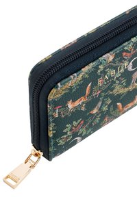 Zip-around wallet made of textured dark green leather featuring a multicolored forest animal print. Gold-tone hardware accent.