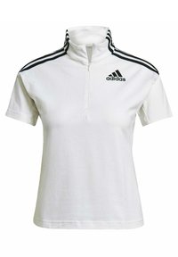 Polo shirt bianco a maniche corte con colletto a mezza zip, caratterizzato da bande nere a tre strisce sulle spalle e un logo Adidas sul petto.