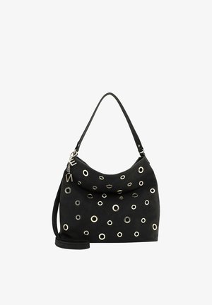 Melna plecu soma ar sudraba acu dekorācijām un diviem siksnām, viena īsa un otra gara, pie kurām piestiprinātas metāla piekariņi vēstules formā.