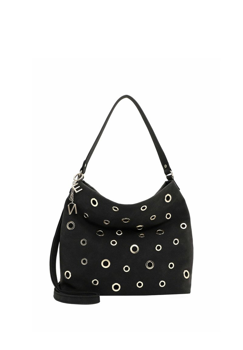 Must õlakott hõbedaste silmateradega kaunistatud ja kahe sangaga, üks lühike ning teine pikk, mille külge on kinnitatud metallist tähekujulised ripatsid.