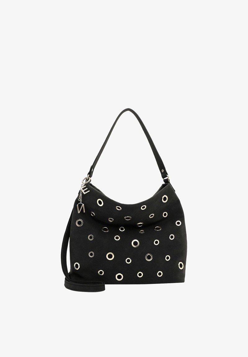 Must õlakott hõbedaste silmateradega kaunistatud ja kahe sangaga, üks lühike ning teine pikk, mille külge on kinnitatud metallist tähekujulised ripatsid.