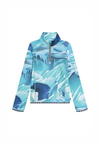 Fleece-pullover i nyanser av blått med tryck av is och isbjörnar; har en halvdragkedja, lång ärmar och randig nederkant.