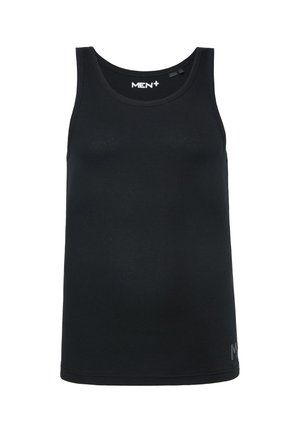 Schwarzes geripptes Tanktop mit breiten Trägern und einem runden Halsausschnitt. Verfügt über ein Logo in einer kontrastierenden Farbe am unteren Saum.