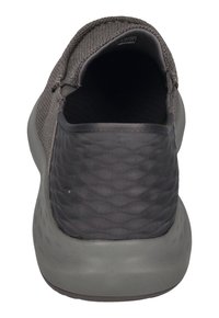 Gray slip-on shoe featuring a textured woven upper, smooth rubber sole, and a rounded design. Accented with a cushioned heel and minimal branding.