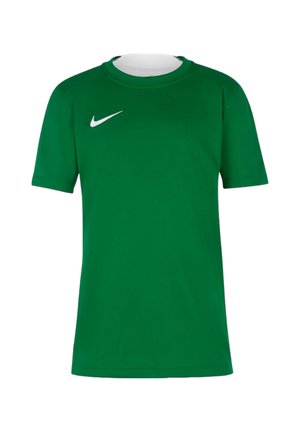 Zielona sportowa koszulka z krótkim rękawem, białe logo Nike Swoosh na górnej prawej części klatki piersiowej i okrągły dekolt.