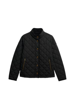 Veste matelassée noire avec un col haut, des boutons-pression à l'avant et deux poches latérales zippées. Le matériau semble lisse avec un léger éclat.