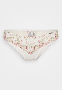 Baumwollbikini-Briefs mit cremefarbigem Grund, verziert mit rosa Blumenstickerei, einem kleinen Schlüsselloch-Ausschnitt und einem dekorativen Band auf der Rückseite.