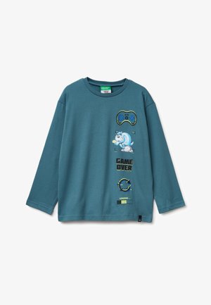 Türkisfarbenes Langarm-T-Shirt aus Baumwolle mit videogame-inspirierten Grafiken: einem Controller, einer Comicfigur und dem Text "GAME OVER" in Gelb.