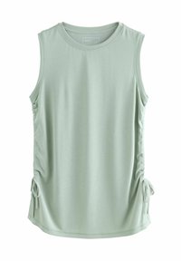 Top sans manches vert menthe en tissu doux, avec fronces sur les côtés et liens ajustables, et un ourlet arrondi légèrement incurvé.