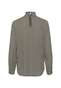 Langemouwige blouse met hoge hals, voorzien van een zwart-wit ruitpatroon, gegatherde details bij de kraag en knoopsluiting aan de achterkant.