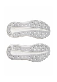 White rubber shoe soles with textured patterns and circular grips, featuring a smooth finish and a prominent HOKA logo.
