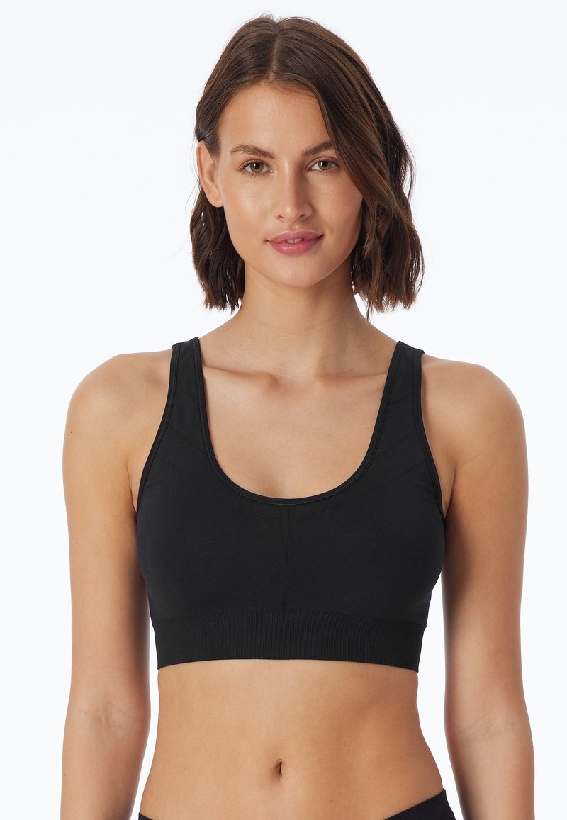 Reggiseno sportivo nero con scollo a U, spalline larghe, design senza cuciture e tessuto texture. Fornisce un elastico sottobusto per supporto.