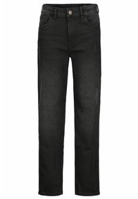 Jeans de mezclilla negra con corte recto, que presentan un cierre de botón, diseño de cinco bolsillos y sutiles detalles desgastados en las piernas.