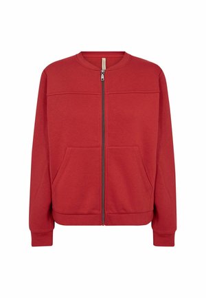 Červená mikina na zips s okrúhlym výstrihom, textúrovaným materiálom, dvoma bočnými vreckami a rebrovanými manžetami a lemom. Jednoduchý, športový dizajn.