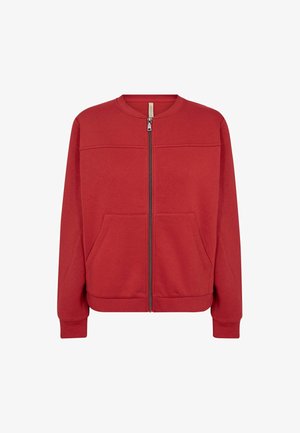 Czerwona bluza na zamek błyskawiczny z okrągłym dekoltem, teksturowaną tkaniną, dwoma bocznymi kieszeniami oraz ściągaczami na mankietach i u dołu. Prosty, sportowy design.