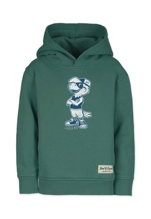 Grøn hættetrøje med en tegneserie-fugl iført kasket og sneakers, stående med korslagte arme, og et lille logomærke nær den nederste kant.