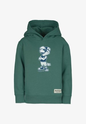 Grøn hættetrøje med en tegneserie-fugl iført kasket og sneakers, stående med korslagte arme, og et lille logomærke nær den nederste kant.
