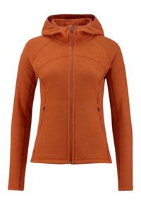 Fleecejacke in verbranntem Orange mit körpernahem Schnitt, Reißverschluss vorn und Kapuze. Verfügt über Seitentaschen und kontrastierende Nähte.