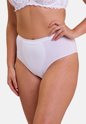 Culotte blanche taille haute en tissu lisse, avec une taille élastique douce et un design simple sans motifs ni embellissements.