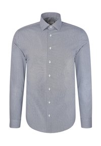 Langarmshirt in blauw met een geometrisch patroon, voorzien van een button-down kraag en witte knopen. Gemaakt van textuurstof.