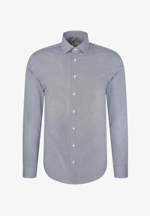 Niebieska koszula z długim rękawem w geometryczny wzór, z kołnierzykiem zapinanym na guziki i białymi guzikami. Wykonana z teksturowanej tkaniny.