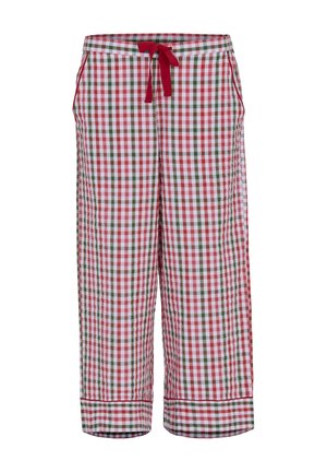 Rood-wit-groen geruite pyjamabroek met een rode aantrekkoord in de taille en zijzakken, korte lengte met omgeslagen zoom.