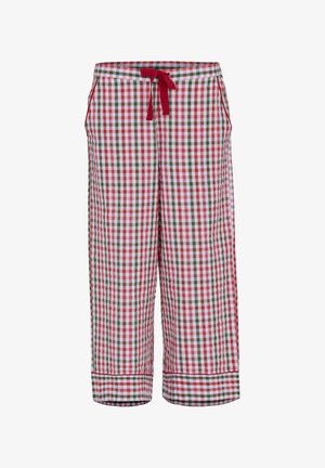 Rood-wit-groen geruite pyjamabroek met een rode aantrekkoord in de taille en zijzakken, korte lengte met omgeslagen zoom.