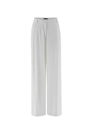 Hvide bukser med vide ben, der har en flad front, bæltestropper og en afslappet pasform, lavet af et let, glat stof.