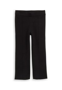 Zwarte broek met een vlakke tailleband, brede pijpen en subtiele voorknaad. De stof heeft een gladde textuur en een gestructureerde uitstraling.