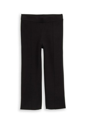 Schwarze Hose mit flachem Bund, weitem Beinausschnitt und dezenten Frontnähten. Der Stoff hat eine glatte Textur und eine strukturierte Optik.