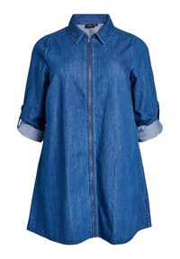 Jeansklänning med krage och dragkedja fram, med rullade ärmar och avspänd passform, i en enfärgad mörkblå nyans.