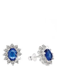 Boucles d'oreilles en forme d'ovale bleu entourées de petits strass transparents, montées en métal argenté avec une fermeture à tige. Accents scintillants visibles.