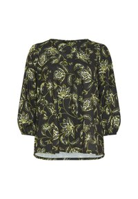 Blusa nera con motivo floreale verde e bianco, scollo tondo, vestibilità ampia e maniche a 3/4 arricciate. Tessuto morbido con una leggera texture.