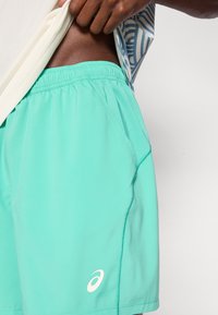 Ελαφριά αθλητικά σορτς σε ζωντανό τιρκουάζ χρώμα. Διαθέτουν ελαστική μέση, λεία υφή και λευκό λογότυπο στο κάτω αριστερό μέρος.