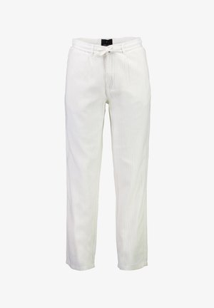 Witte, lichte broek met een trekkoord in de taille, rechte pijpen en subtiele verticale textuur. Heeft een eenvoudig ontwerp zonder zakken.