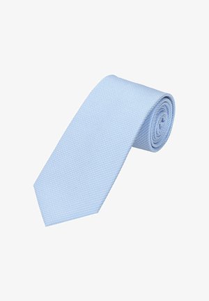 Light blue tie made of smooth fabric, featuring a subtle pattern. Tapered end with a rolled design, highlighting its sleek shape and texture.